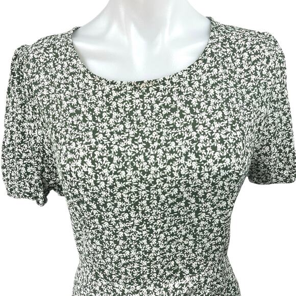 4SI3NNA Green Floral Puff Sleeve Ruched Button Slit A-Line Wrap Midi Dress Sz L - Picture 3 of 5